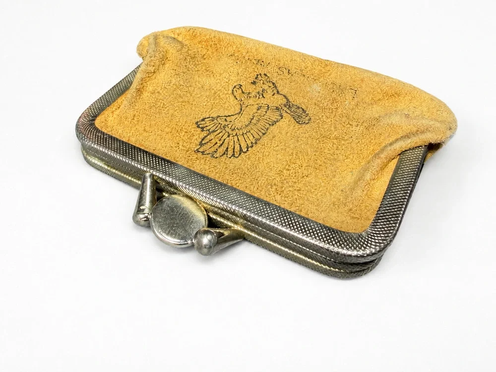 Vintage Tan Suede Pheasant Coin Purse Kiss-Lock Metal Frame